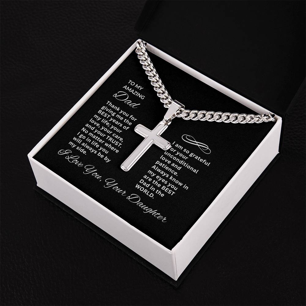 To My Amazing Dad | Personalized Steel Cross Necklace on Cuban Chain w/ MC