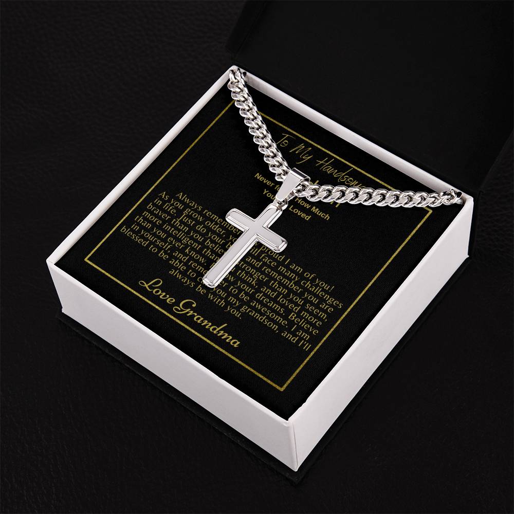 To My Grandson: Personalized Steel Cross Necklace on Cuban Chain w/ MC