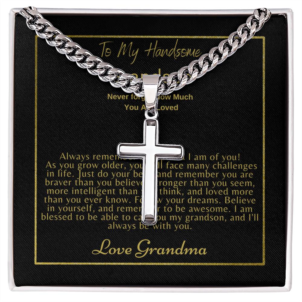 To My Grandson: Personalized Steel Cross Necklace on Cuban Chain w/ MC