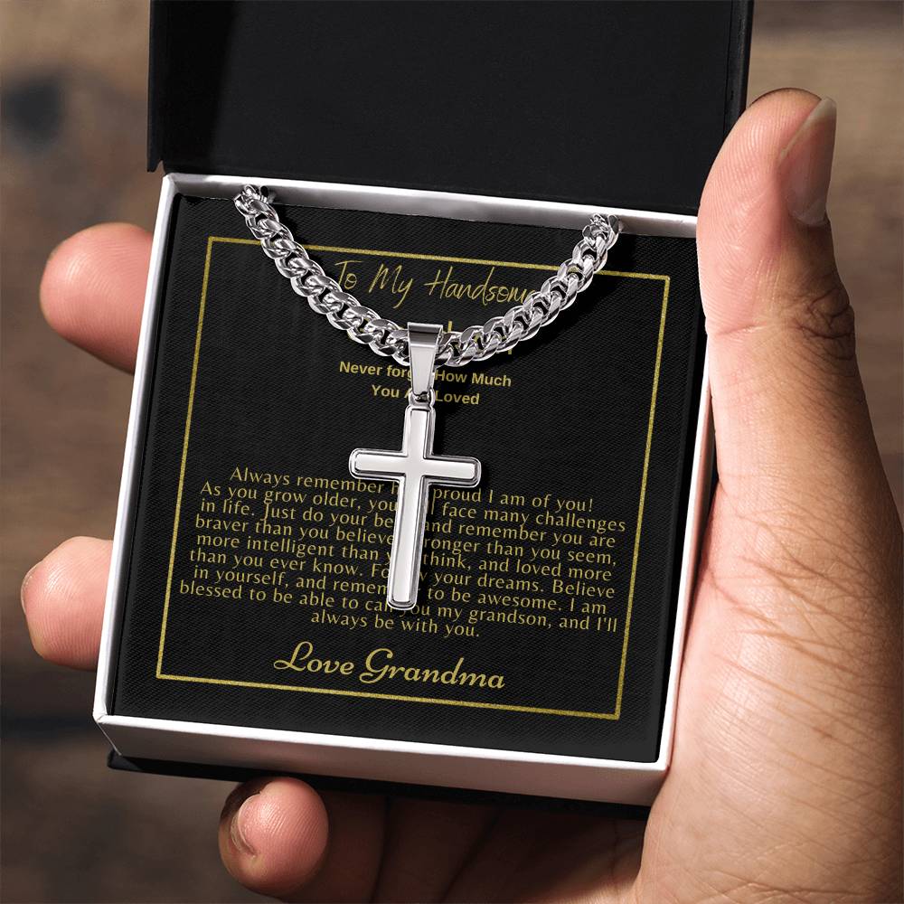 To My Grandson: Personalized Steel Cross Necklace on Cuban Chain w/ MC