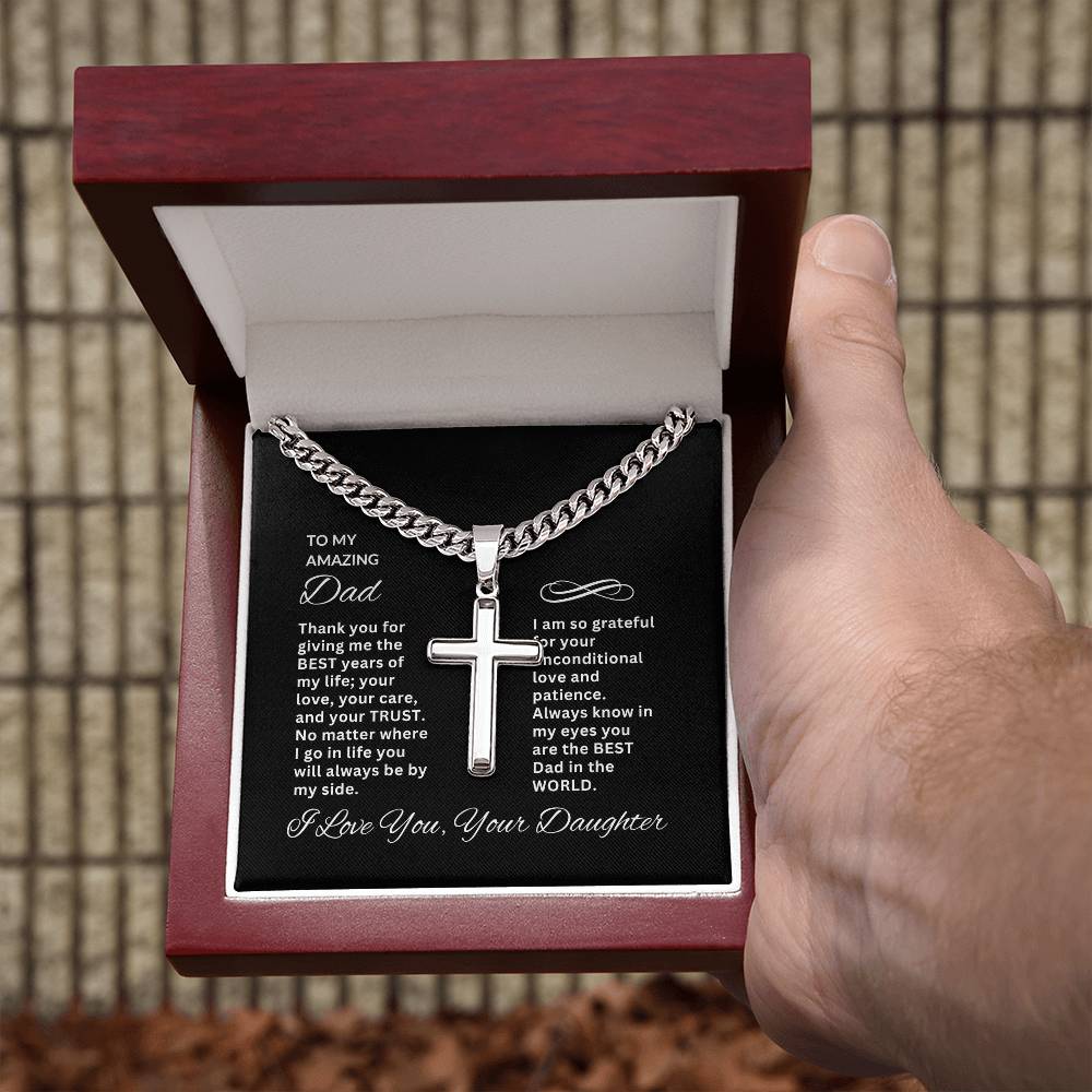 To My Amazing Dad | Personalized Steel Cross Necklace on Cuban Chain w/ MC