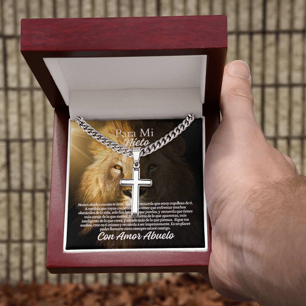 Para Mi Nieto: Personalized Steel Cross Necklace on Cuban Chain
