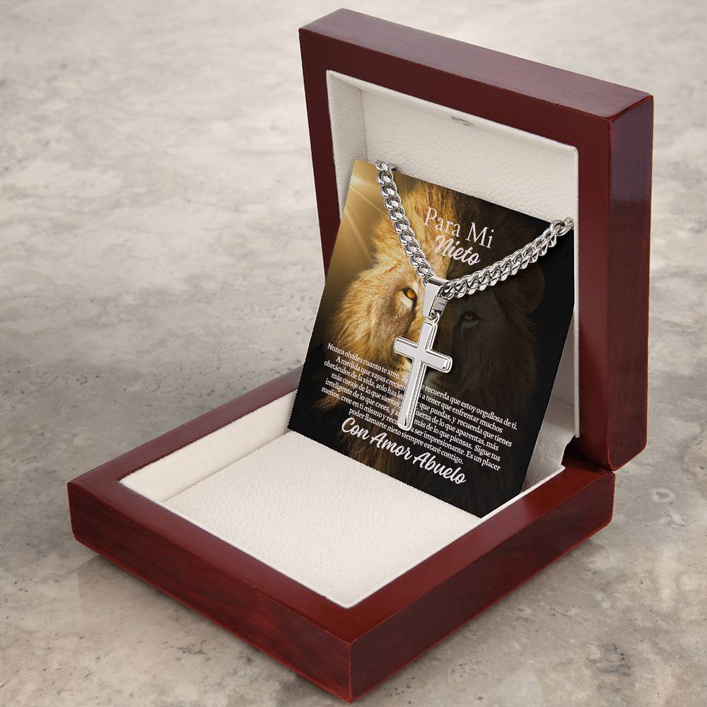 Para Mi Nieto: Personalized Steel Cross Necklace on Cuban Chain