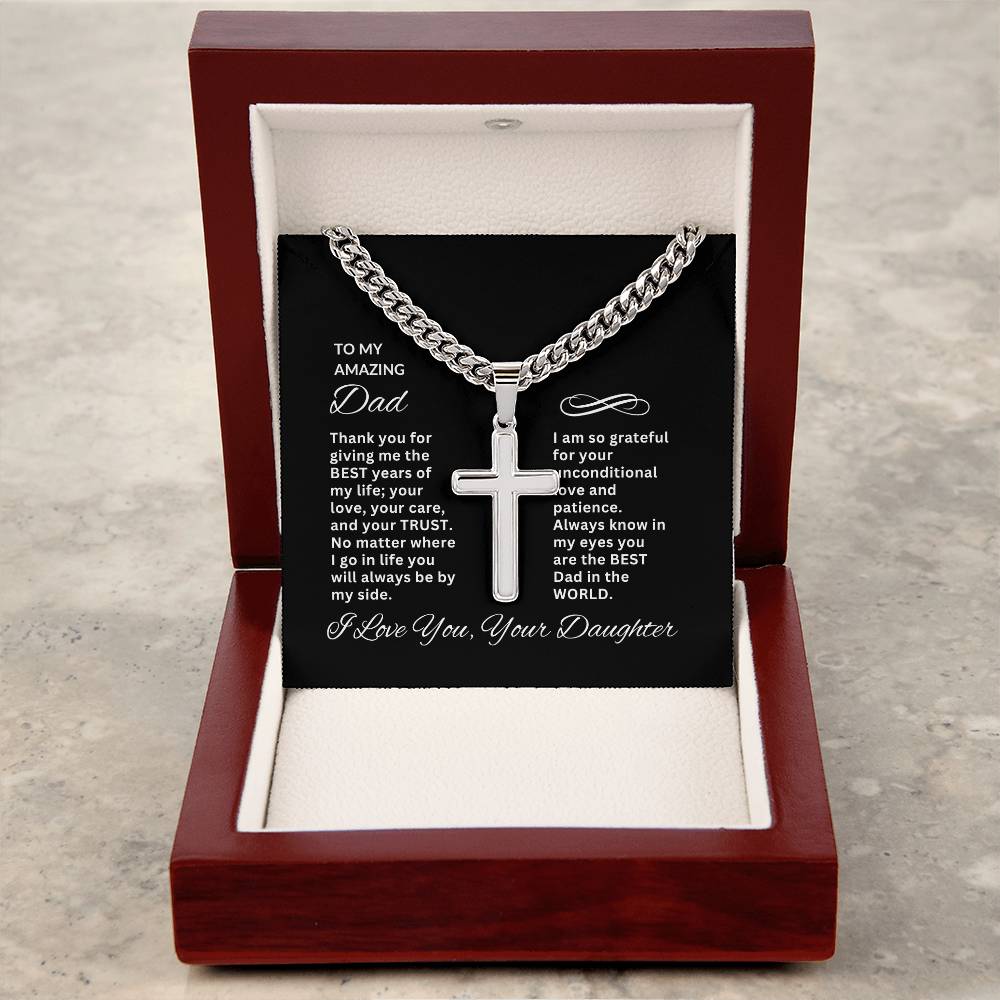 To My Amazing Dad | Personalized Steel Cross Necklace on Cuban Chain w/ MC