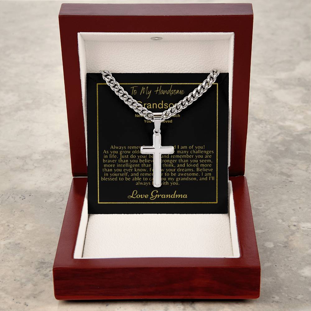 To My Grandson: Personalized Steel Cross Necklace on Cuban Chain w/ MC
