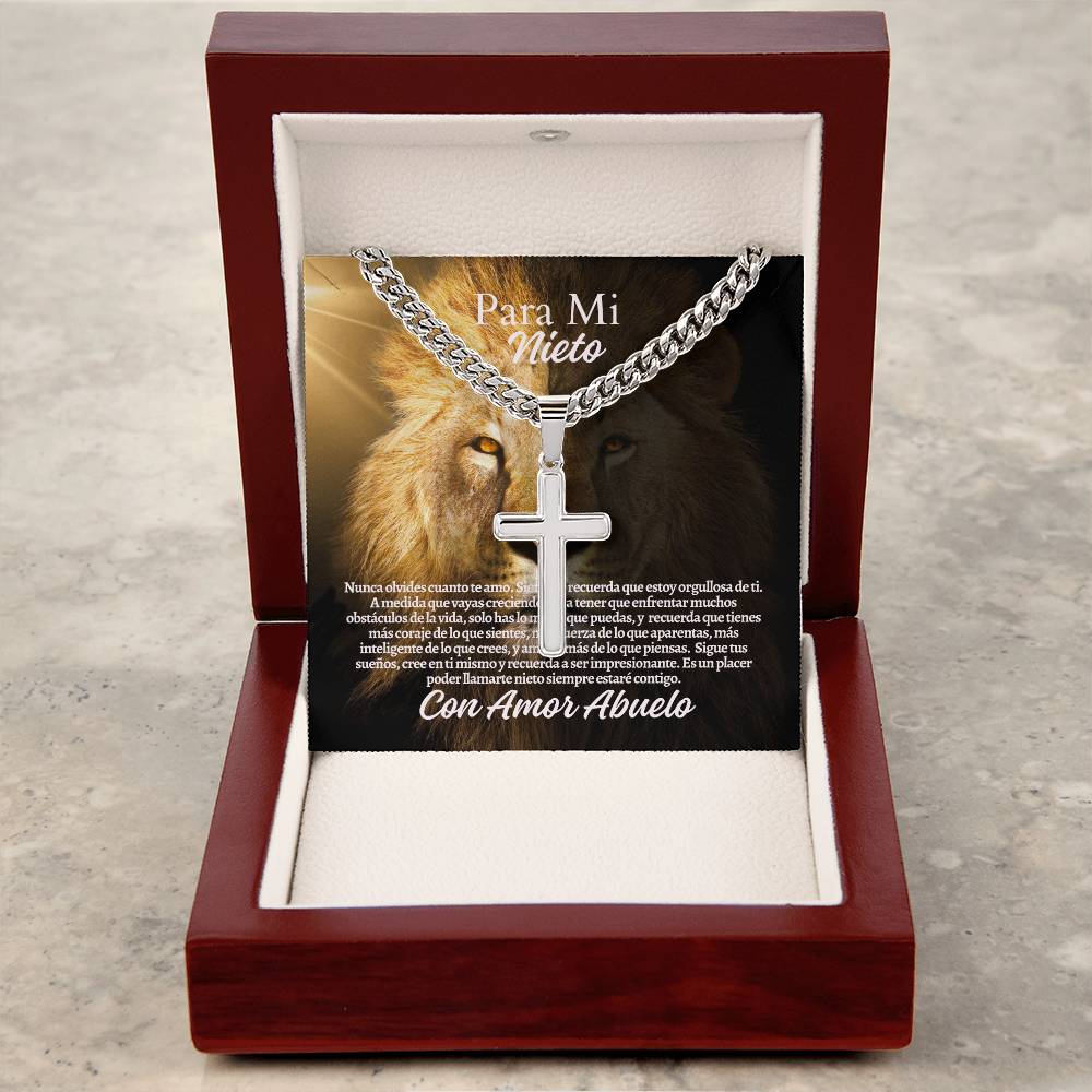 Para Mi Nieto: Personalized Steel Cross Necklace on Cuban Chain