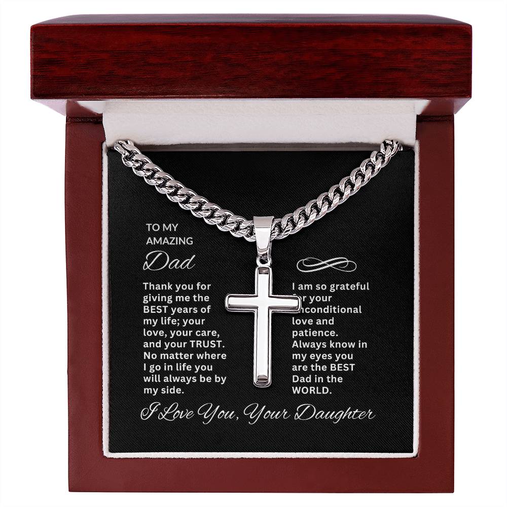 To My Amazing Dad | Personalized Steel Cross Necklace on Cuban Chain w/ MC