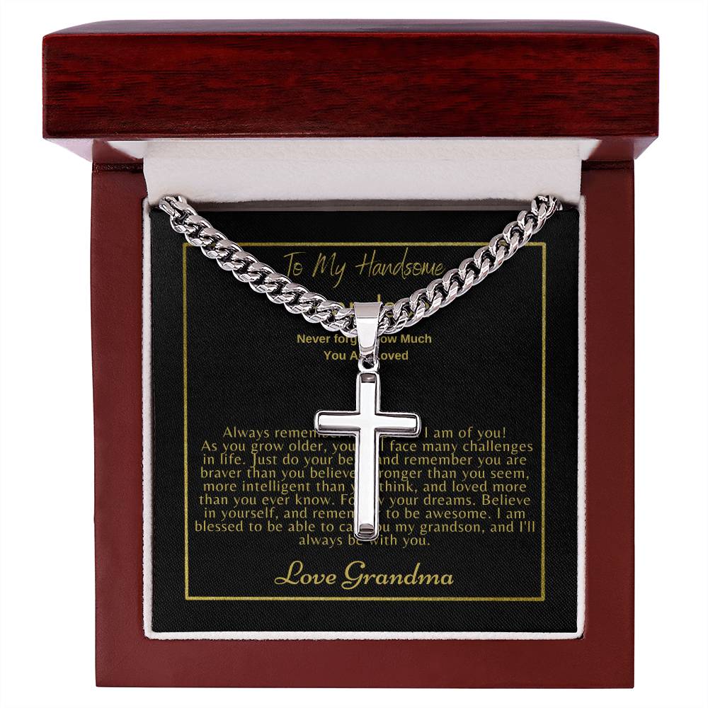 To My Grandson: Personalized Steel Cross Necklace on Cuban Chain w/ MC
