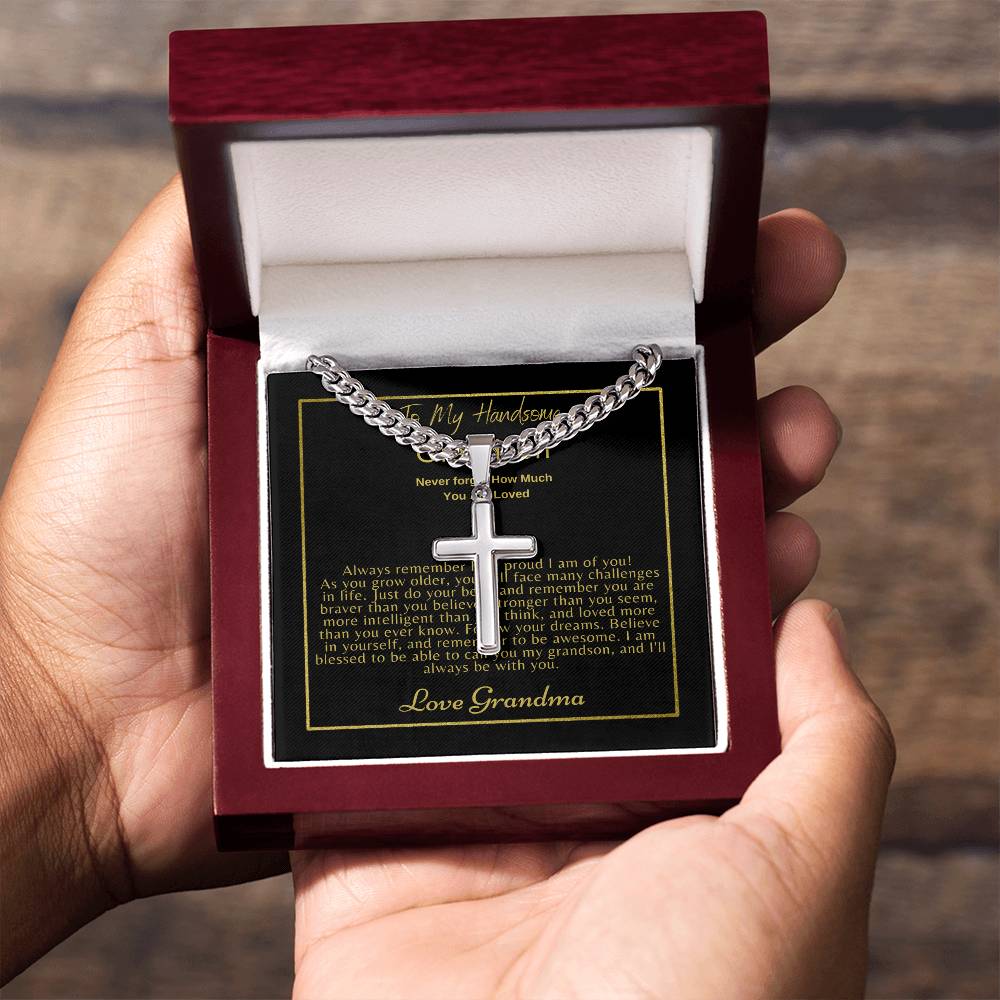 To My Grandson: Personalized Steel Cross Necklace on Cuban Chain w/ MC