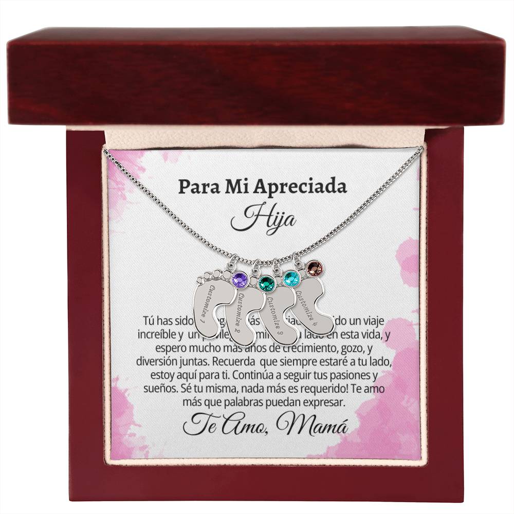 Para Mi Apreciada Hija: Engraved Baby Feet with Birthstones