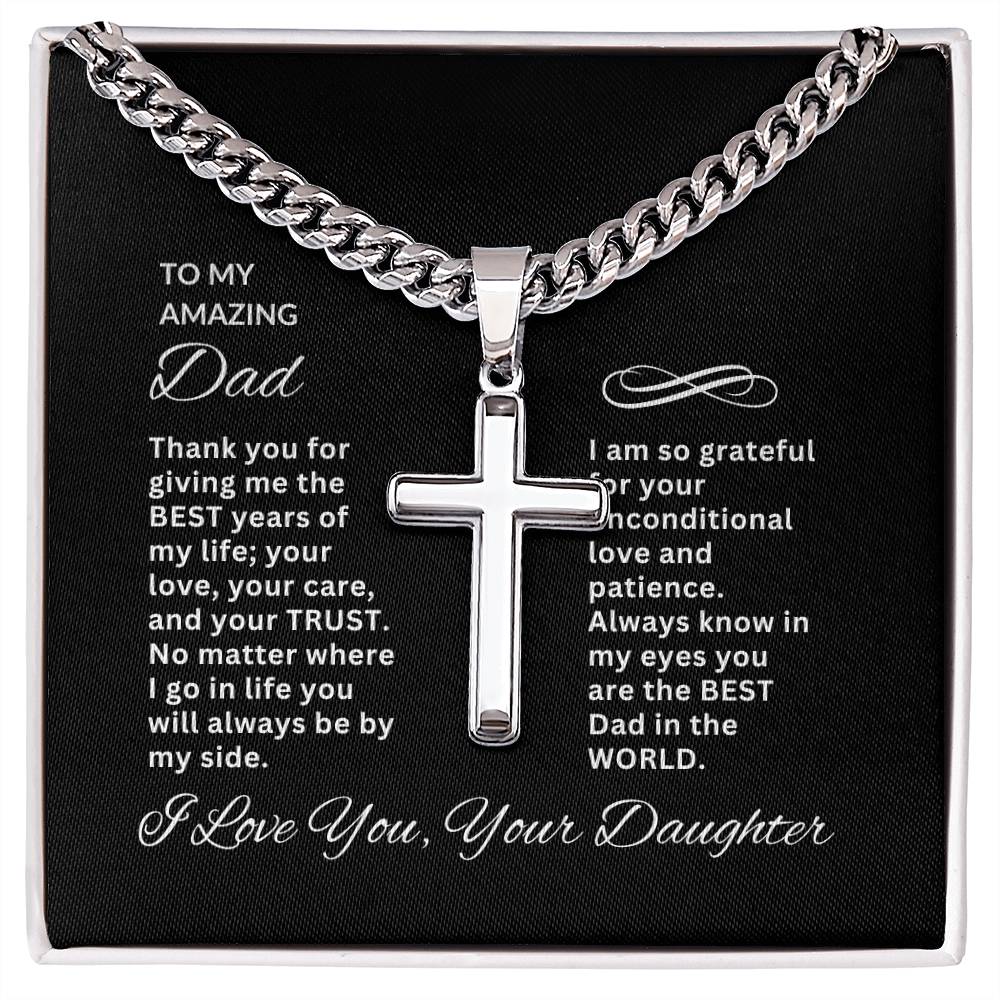 To My Amazing Dad | Personalized Steel Cross Necklace on Cuban Chain w/ MC