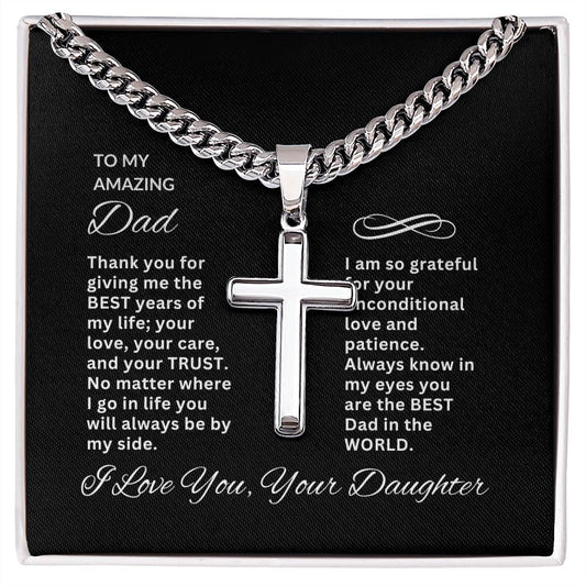 To My Amazing Dad | Personalized Steel Cross Necklace on Cuban Chain w/ MC
