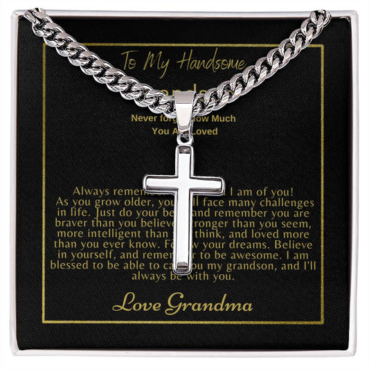 To My Grandson: Personalized Steel Cross Necklace on Cuban Chain w/ MC