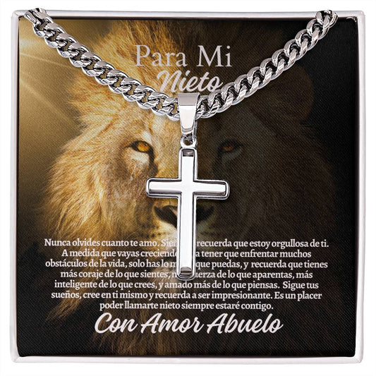 Para Mi Nieto: Personalized Steel Cross Necklace on Cuban Chain