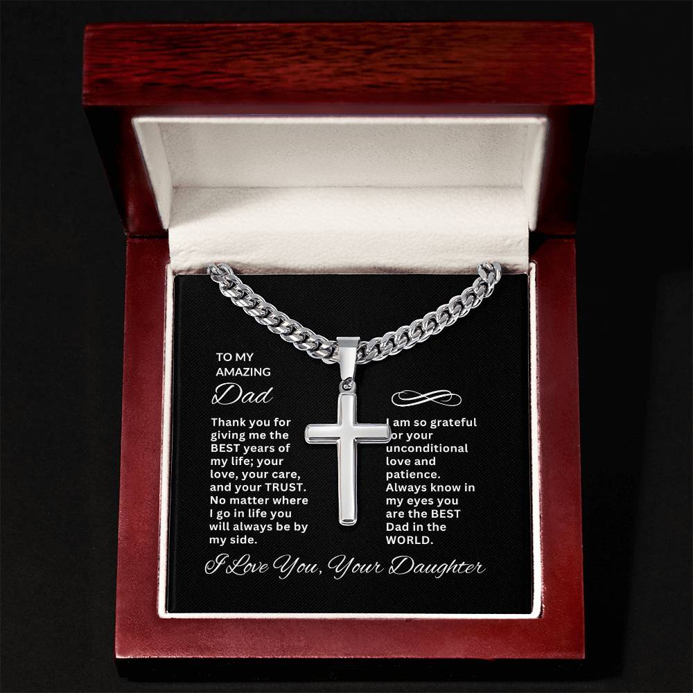To My Amazing Dad | Personalized Steel Cross Necklace on Cuban Chain w/ MC