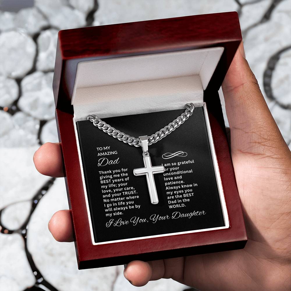 To My Amazing Dad | Personalized Steel Cross Necklace on Cuban Chain w/ MC