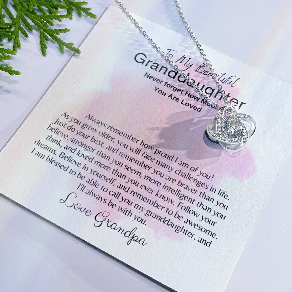 To My Granddaughter: Love Knot Necklace (Yellow & White Gold Variants)