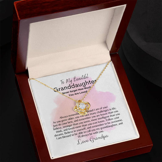 To My Granddaughter: Love Knot Necklace (Yellow & White Gold Variants)