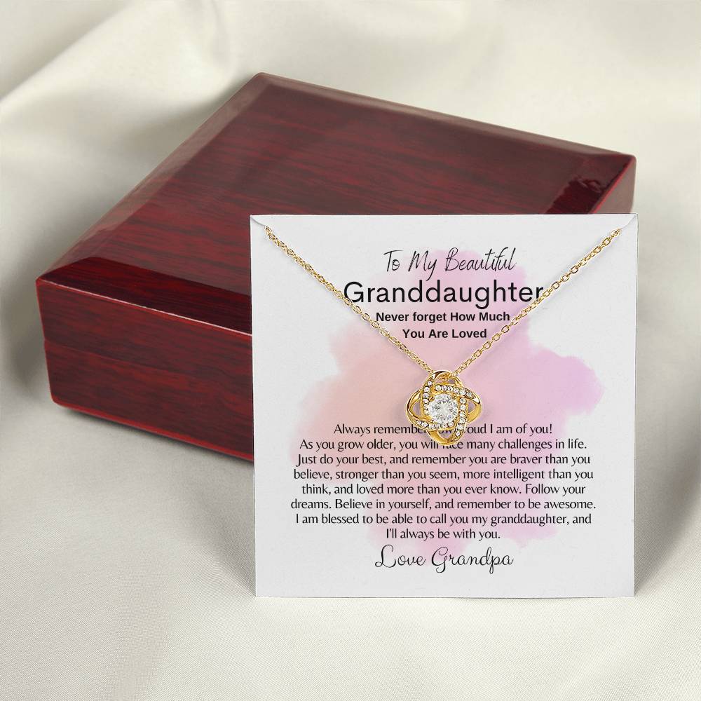 To My Granddaughter: Love Knot Necklace (Yellow & White Gold Variants)