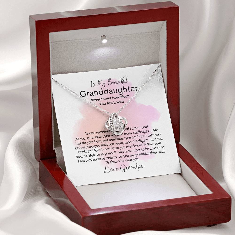 To My Granddaughter: Love Knot Necklace (Yellow & White Gold Variants)