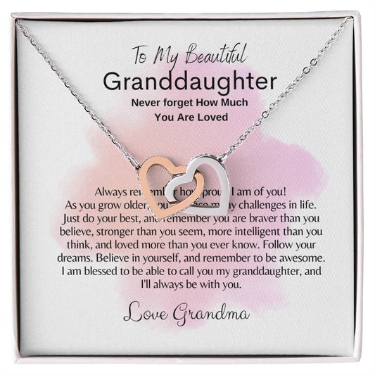 To My Granddaughter: Interlocking Hearts Necklace (Yellow & White Gold Variants)